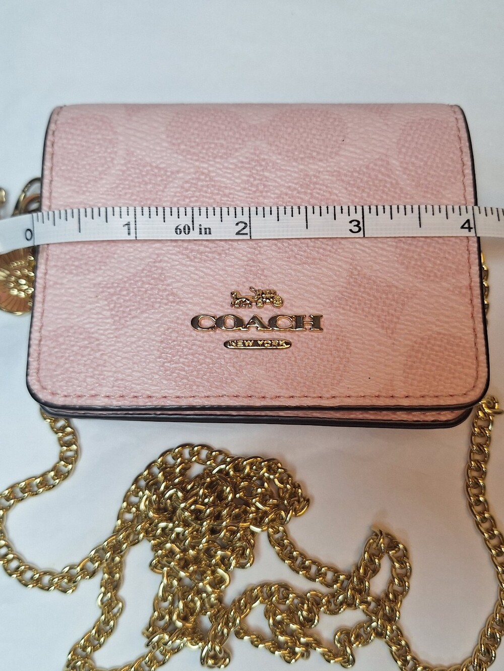 COACH Mini Wallet On A Chain Signature Canvas Charms Powder Pink Gold WOC NWOT